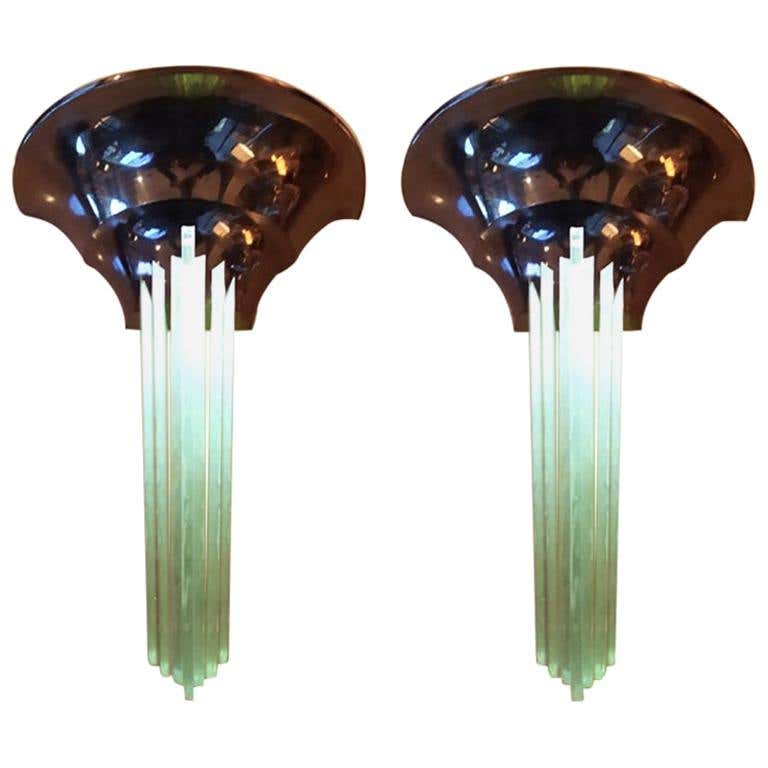 1930s French Pair of Art Deco Sconces by Jean Perzel Gobain Glass and Brass